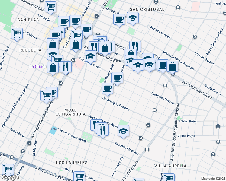 map of restaurants, bars, coffee shops, grocery stores, and more near R.I. 6 Boquerón in Asuncion