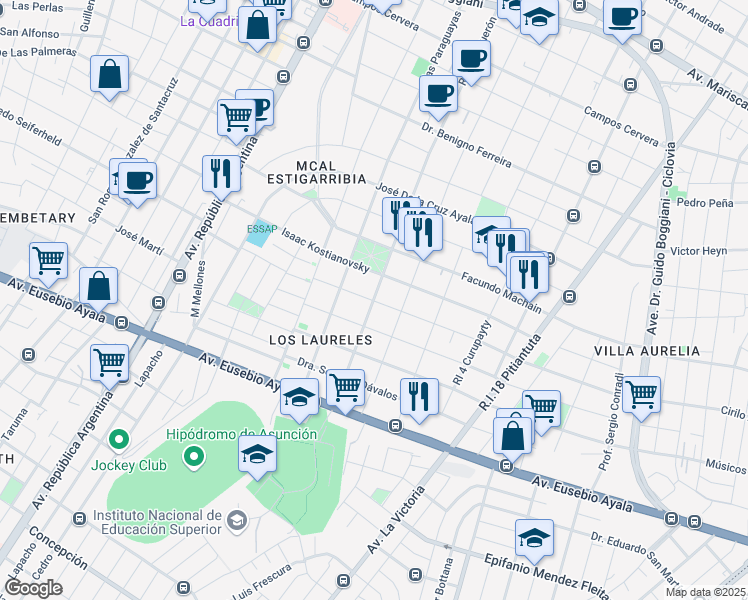 map of restaurants, bars, coffee shops, grocery stores, and more near R.I. 6 Boquerón in Asuncion