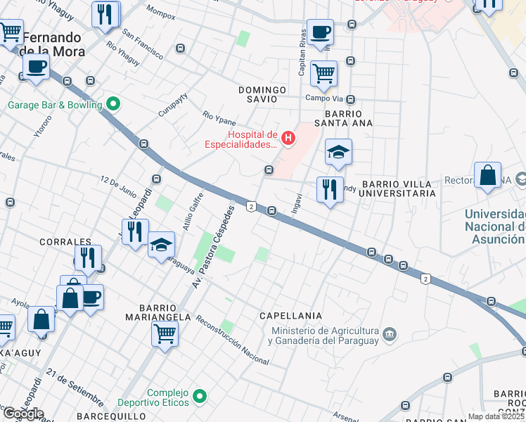 map of restaurants, bars, coffee shops, grocery stores, and more near 2 Ruta Mcal. José F. Estigarribia in San Lorenzo