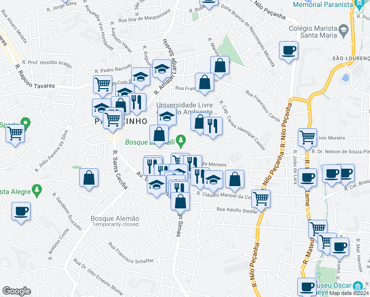 map of restaurants, bars, coffee shops, grocery stores, and more near 210 Rua Victor Benato in Curitiba