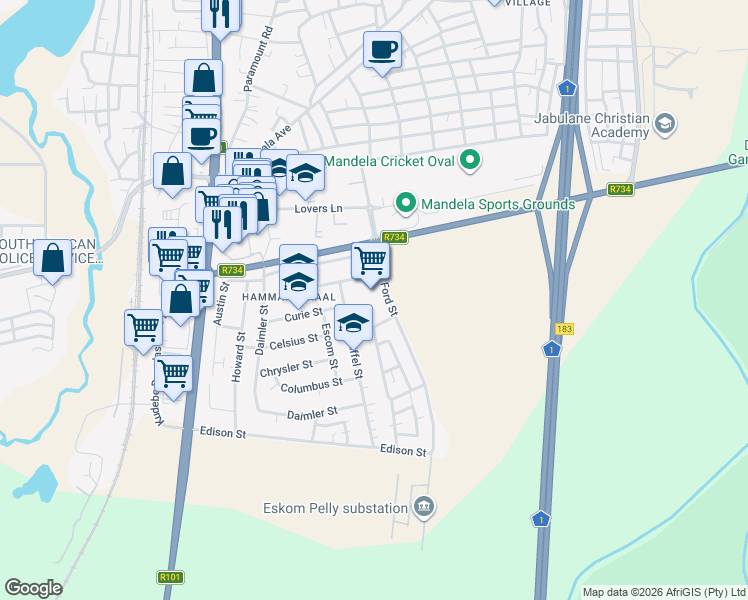 map of restaurants, bars, coffee shops, grocery stores, and more near 1683 Suurman Street in Hammanskraal