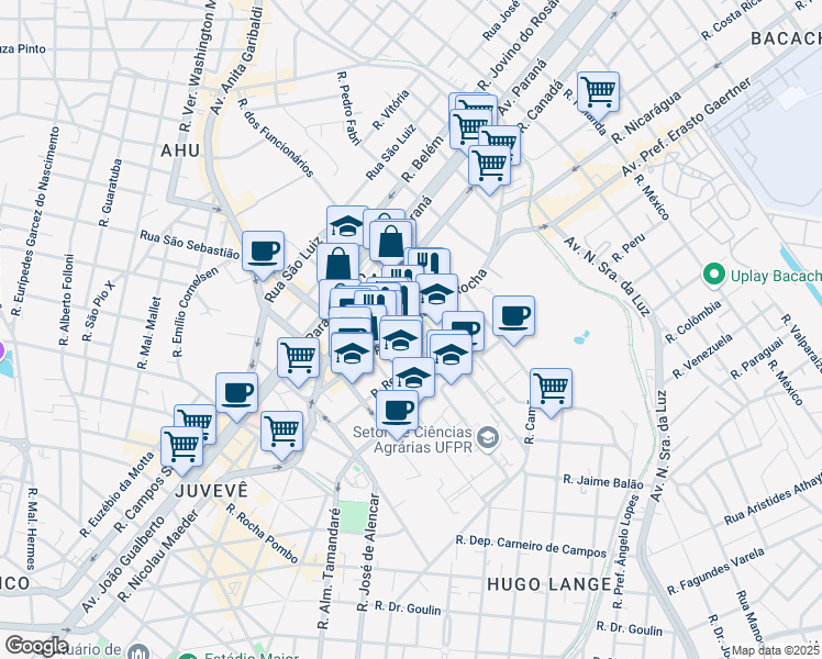 map of restaurants, bars, coffee shops, grocery stores, and more near 904 Avenida Munhoz da Rocha in Curitiba