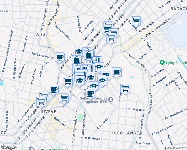 map of restaurants, bars, coffee shops, grocery stores, and more near 904 Avenida Munhoz da Rocha in Curitiba
