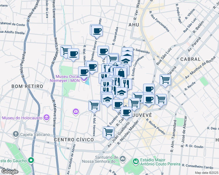 map of restaurants, bars, coffee shops, grocery stores, and more near 86 Rua São Pio X in Curitiba