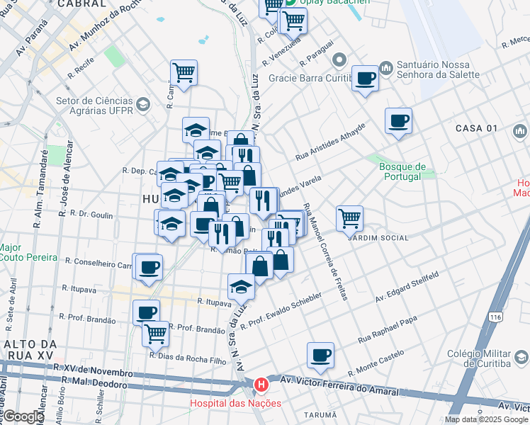 map of restaurants, bars, coffee shops, grocery stores, and more near 1725 Avenida N. Senhora da Luz in Curitiba