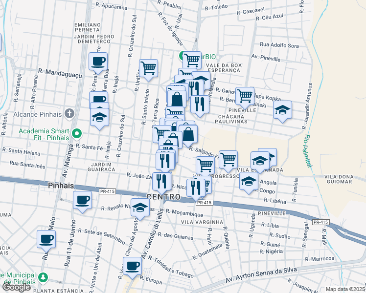 map of restaurants, bars, coffee shops, grocery stores, and more near 916 Rua Salgado Filho in Pinhais