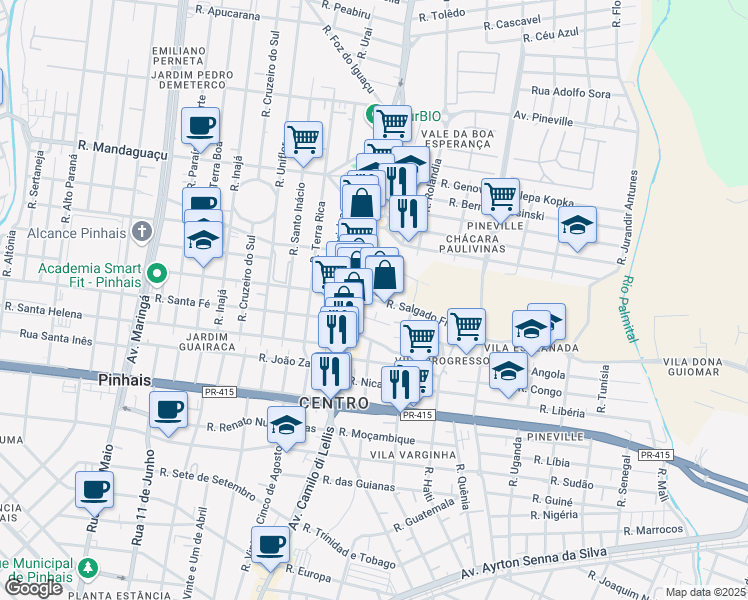 map of restaurants, bars, coffee shops, grocery stores, and more near 918 Rua Salgado Filho in Pinhais
