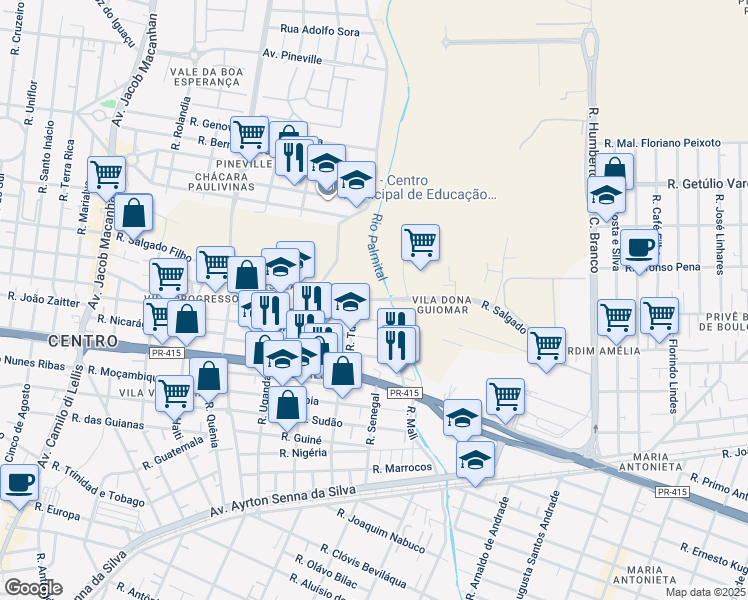 map of restaurants, bars, coffee shops, grocery stores, and more near 916 Rua Salgado Filho in Pinhais