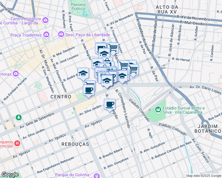 map of restaurants, bars, coffee shops, grocery stores, and more near 2451 Avenida Sete de Setembro in Curitiba