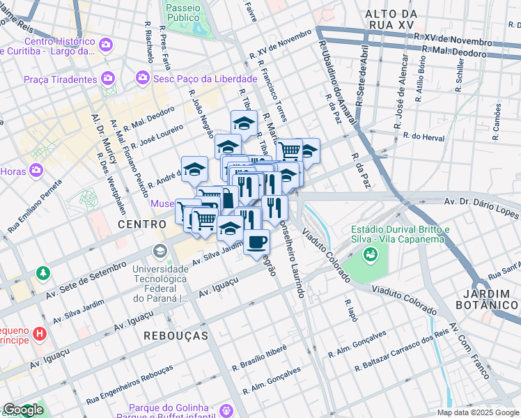 map of restaurants, bars, coffee shops, grocery stores, and more near 2451 Avenida Sete de Setembro in Curitiba