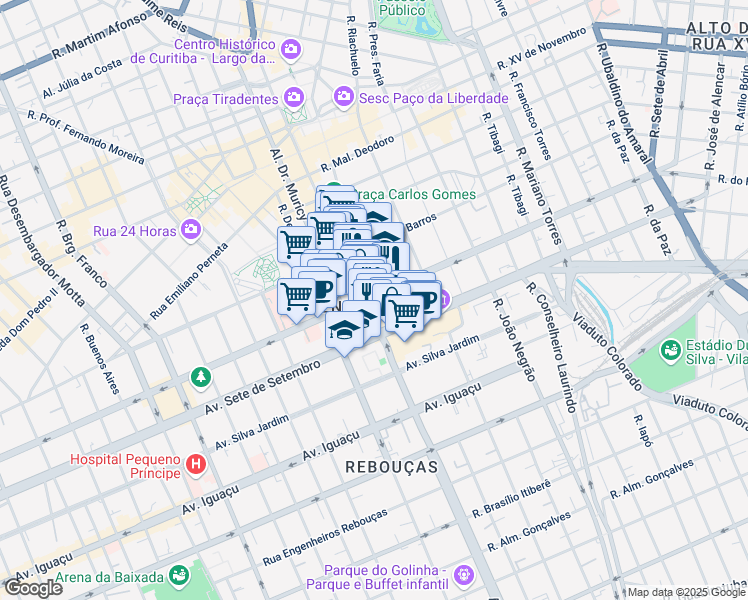 map of restaurants, bars, coffee shops, grocery stores, and more near 2807 Avenida Visconde de Guarapuava in Curitiba