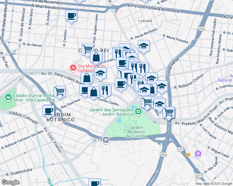 map of restaurants, bars, coffee shops, grocery stores, and more near 2197 Avenida Doutor Dário Lopes dos Santos in Curitiba
