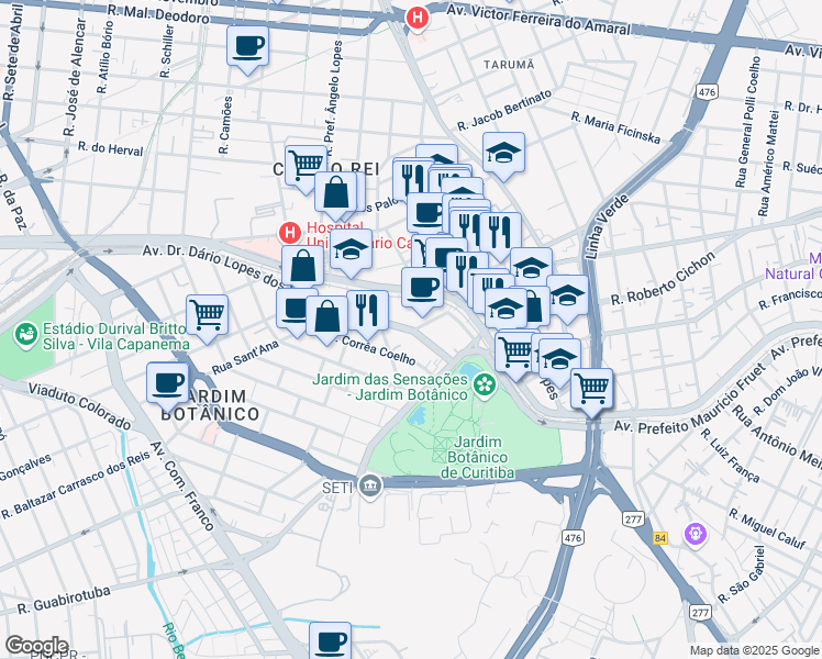 map of restaurants, bars, coffee shops, grocery stores, and more near 2197 Avenida Doutor Dário Lopes dos Santos in Curitiba