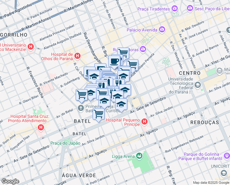map of restaurants, bars, coffee shops, grocery stores, and more near 711 Rua Benjamin Lins in Curitiba