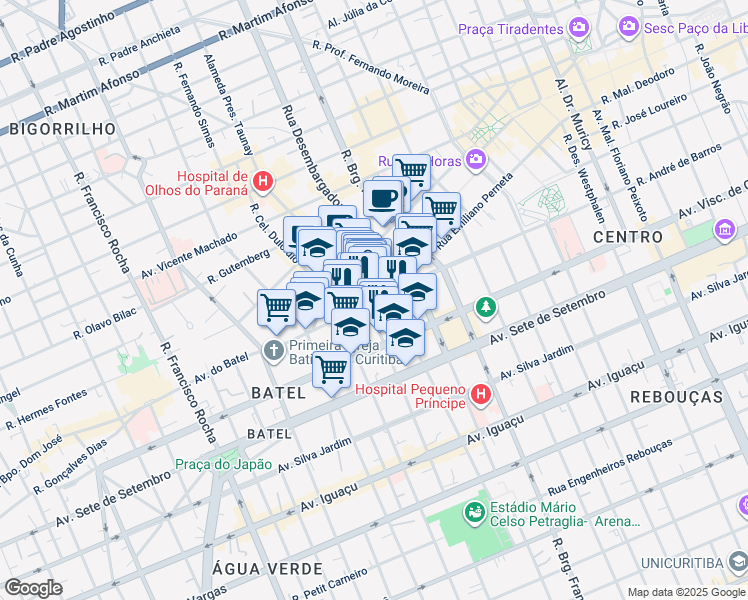 map of restaurants, bars, coffee shops, grocery stores, and more near 711 Rua Benjamin Lins in Curitiba