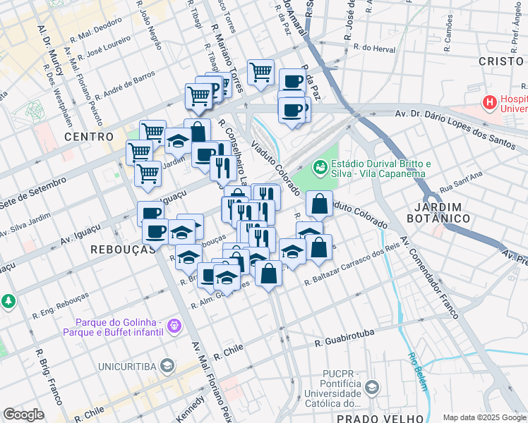 map of restaurants, bars, coffee shops, grocery stores, and more near 1376 Rua Engenheiros Rebouças in Curitiba