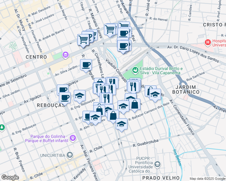 map of restaurants, bars, coffee shops, grocery stores, and more near 1376 Rua Engenheiros Rebouças in Curitiba