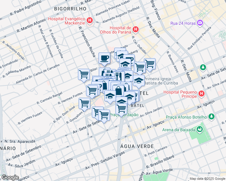map of restaurants, bars, coffee shops, grocery stores, and more near 1647 Avenida do Batel in Curitiba