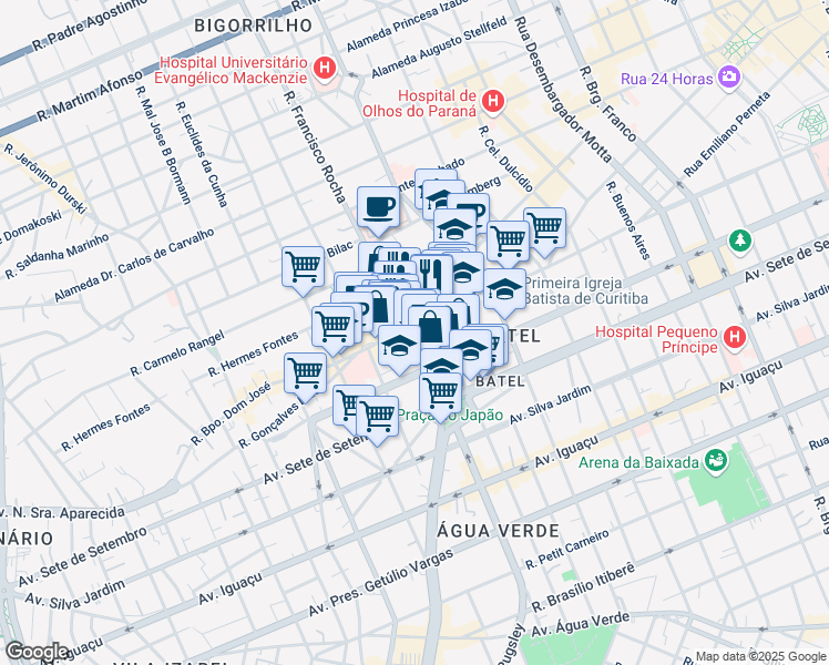 map of restaurants, bars, coffee shops, grocery stores, and more near 1647 Avenida do Batel in Curitiba
