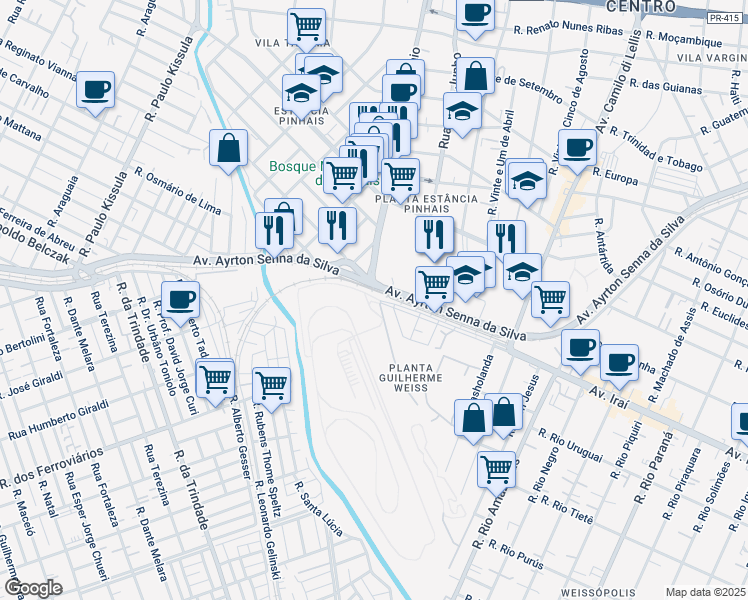 map of restaurants, bars, coffee shops, grocery stores, and more near 16 Avenida Iraí in Pinhais