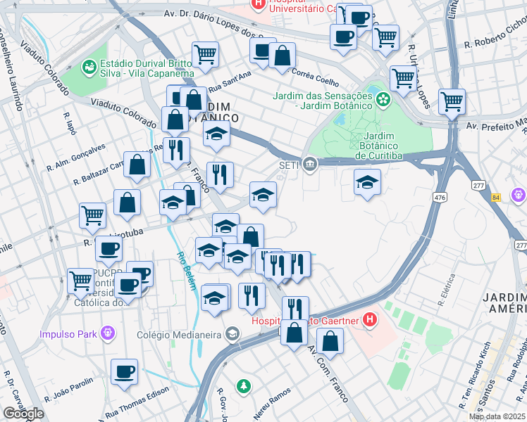 map of restaurants, bars, coffee shops, grocery stores, and more near 1341 Avenida Comendador Franco in Curitiba