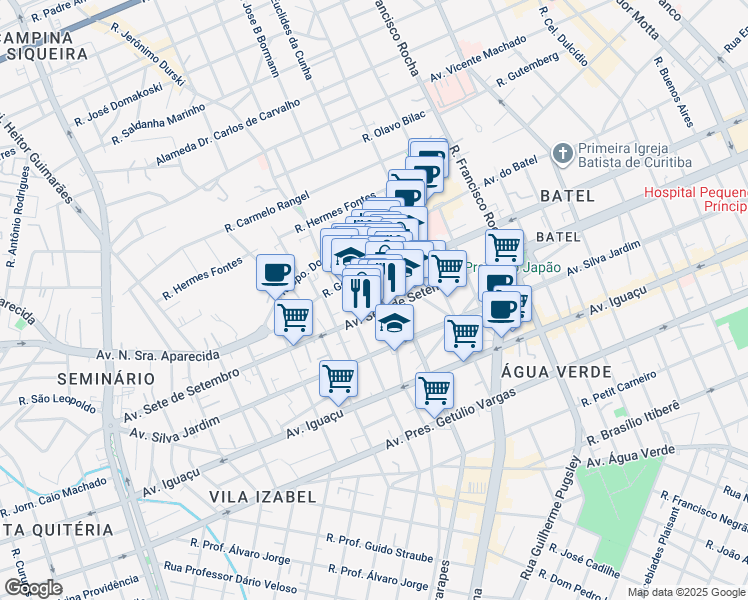 map of restaurants, bars, coffee shops, grocery stores, and more near 5732 Avenida Sete de Setembro in Curitiba