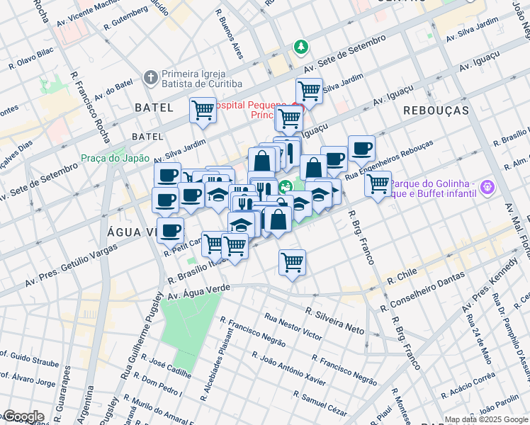 map of restaurants, bars, coffee shops, grocery stores, and more near 51 Rua Petit Carneiro in Curitiba
