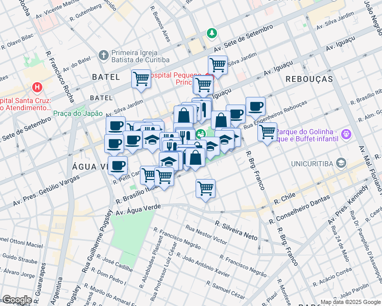 map of restaurants, bars, coffee shops, grocery stores, and more near 51 Rua Petit Carneiro in Curitiba