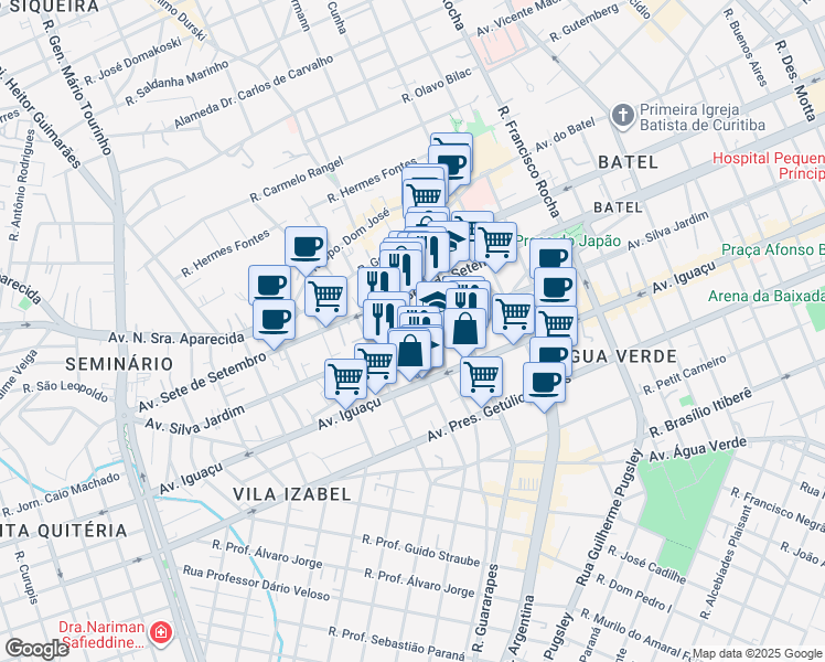 map of restaurants, bars, coffee shops, grocery stores, and more near 3476 Avenida Silva Jardim in Curitiba