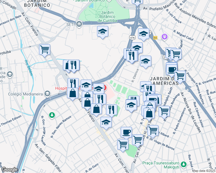 map of restaurants, bars, coffee shops, grocery stores, and more near 201 Rua Doutor Ovande do Amaral in Curitiba