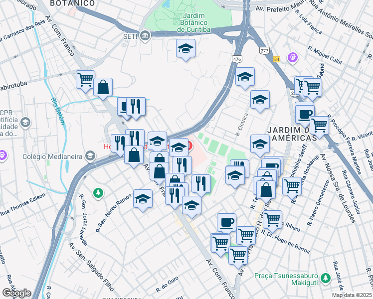 map of restaurants, bars, coffee shops, grocery stores, and more near 201 Rua Doutor Ovande do Amaral in Curitiba