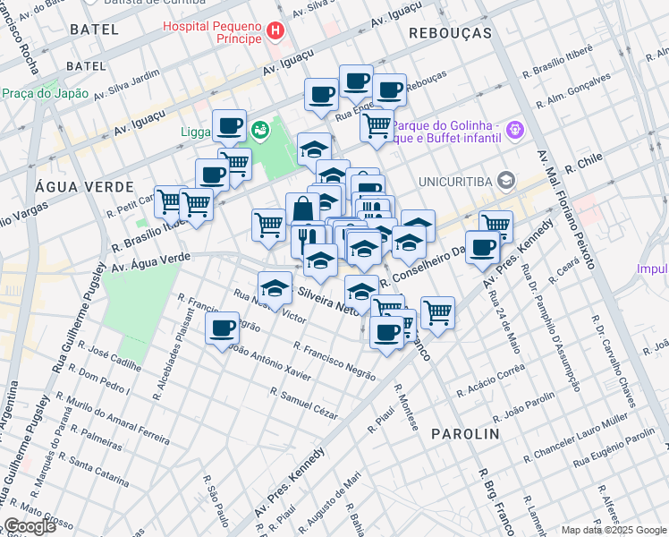 map of restaurants, bars, coffee shops, grocery stores, and more near 225 Avenida Água Verde in Curitiba