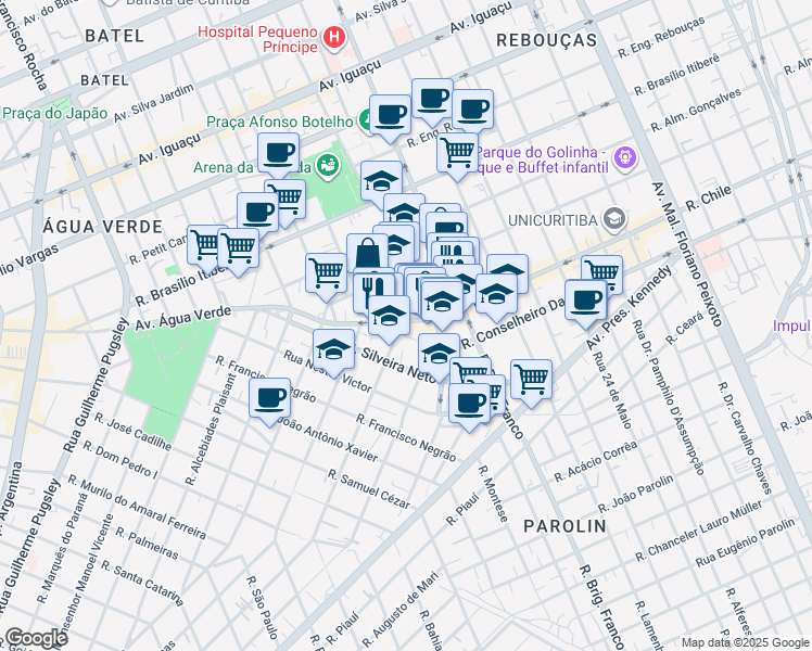 map of restaurants, bars, coffee shops, grocery stores, and more near 225 Avenida Água Verde in Curitiba