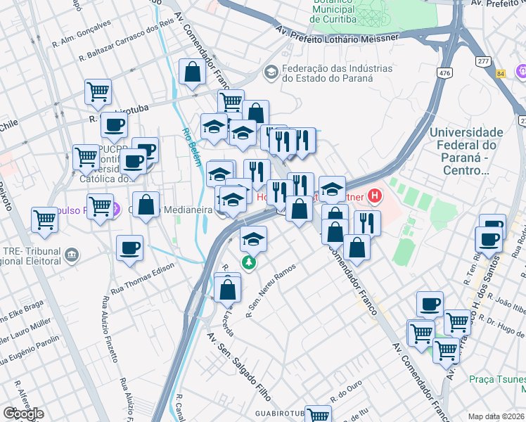 map of restaurants, bars, coffee shops, grocery stores, and more near 812-820 Rua Plácido de Castro in Curitiba