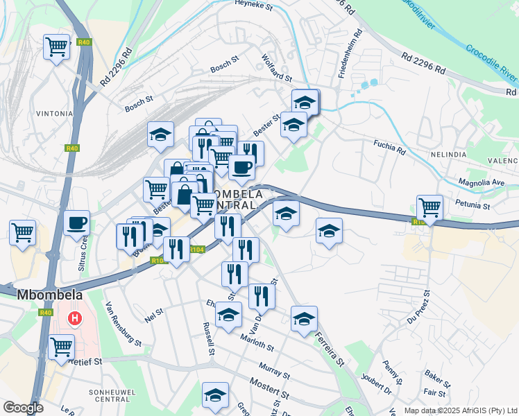 map of restaurants, bars, coffee shops, grocery stores, and more near Cameron Street in Nelspruit