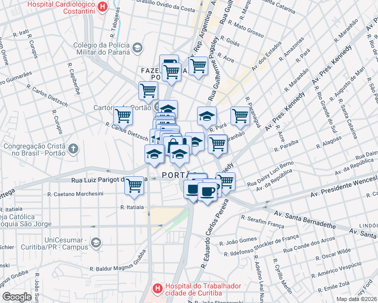 map of restaurants, bars, coffee shops, grocery stores, and more near 2176 Rua Maranhão in Curitiba