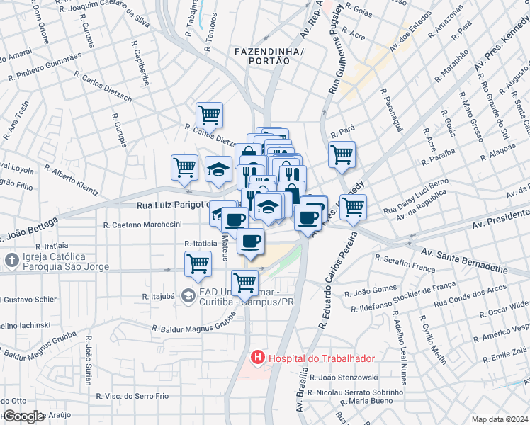 map of restaurants, bars, coffee shops, grocery stores, and more near 215 Rua Calixto Razolini in Curitiba