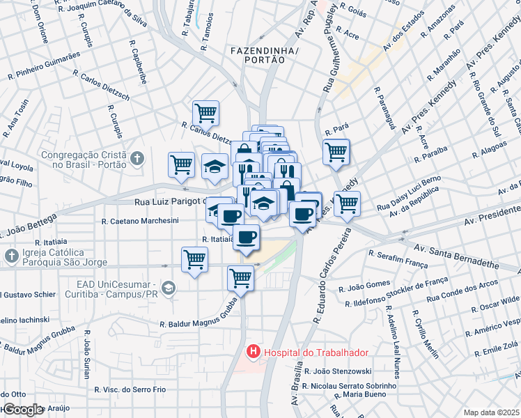 map of restaurants, bars, coffee shops, grocery stores, and more near 215 Rua Calixto Razolini in Curitiba