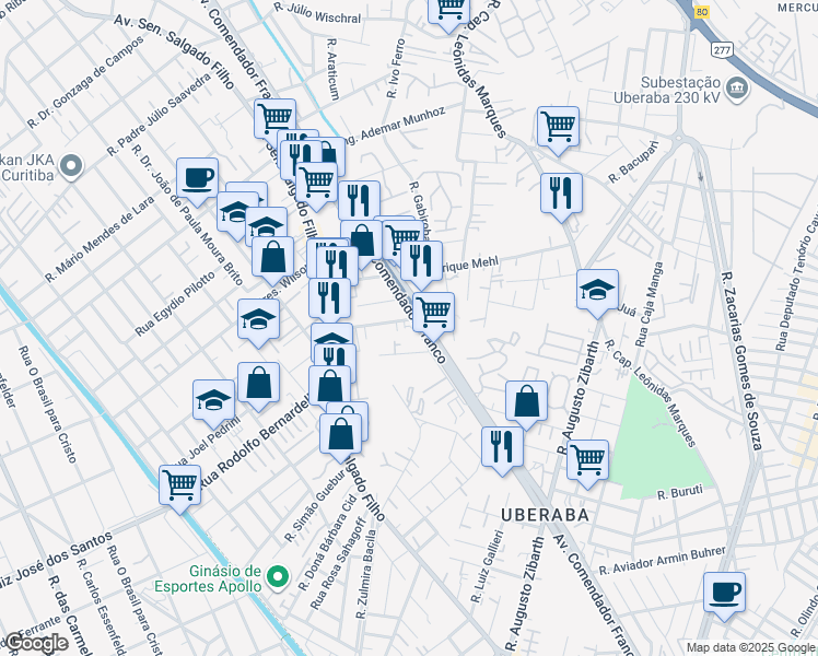 map of restaurants, bars, coffee shops, grocery stores, and more near 6400 Avenida Comendador Franco in Curitiba