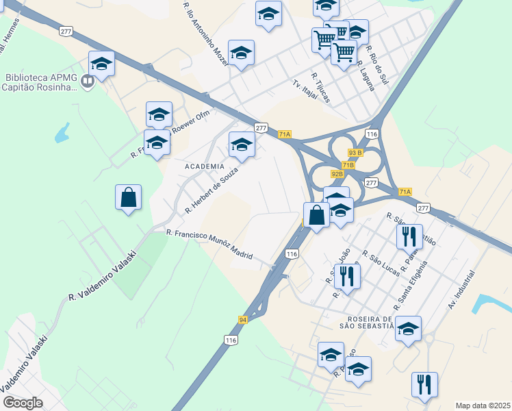 map of restaurants, bars, coffee shops, grocery stores, and more near 625 Rua Francisco Munõz Madrid in São José dos Pinhais