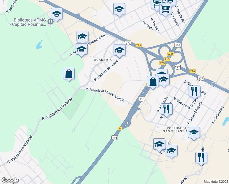map of restaurants, bars, coffee shops, grocery stores, and more near 625 Rua Francisco Munõz Madrid in São José dos Pinhais