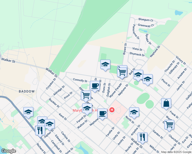 map of restaurants, bars, coffee shops, grocery stores, and more near Boys Avenue in Maryborough