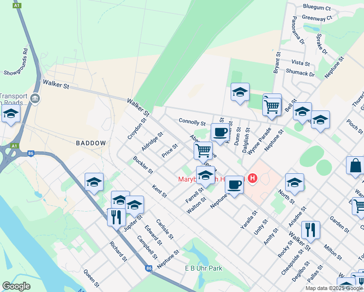 map of restaurants, bars, coffee shops, grocery stores, and more near 260 Walker Street in Maryborough
