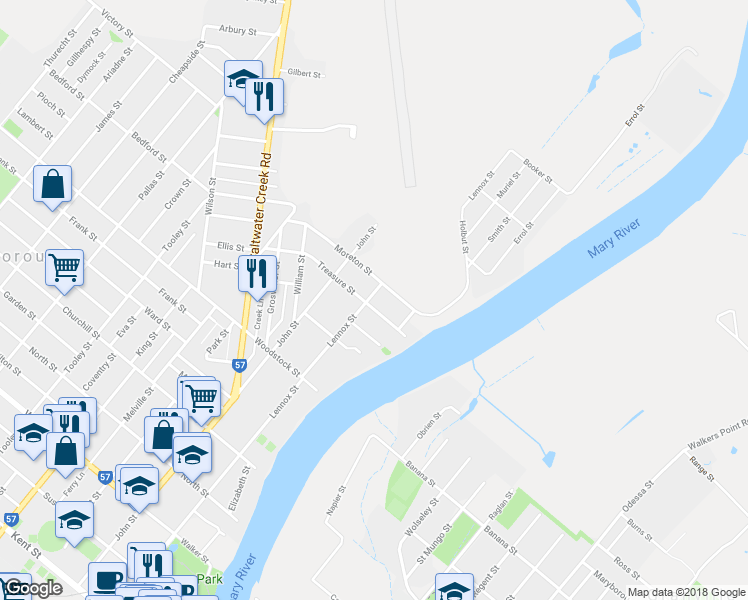 map of restaurants, bars, coffee shops, grocery stores, and more near 21 Treasure Street in Maryborough