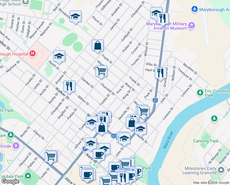map of restaurants, bars, coffee shops, grocery stores, and more near 81 Churchill Street in Maryborough