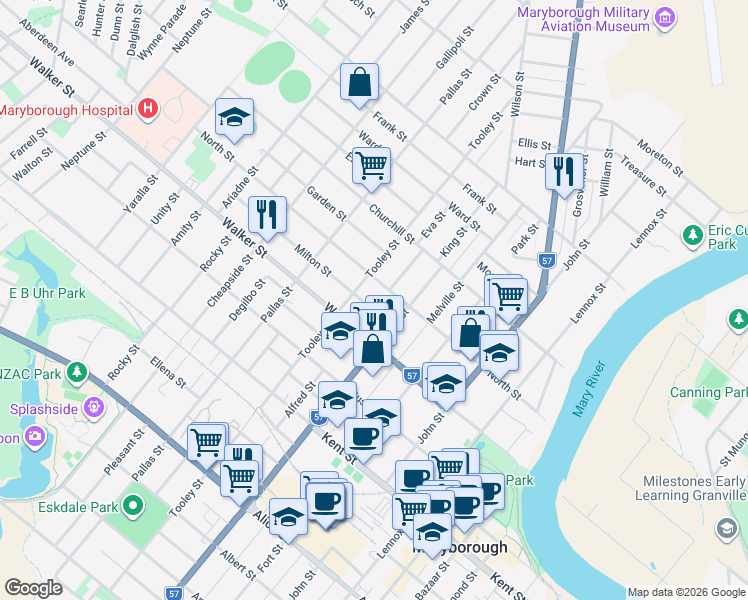 map of restaurants, bars, coffee shops, grocery stores, and more near 13 Milton Street in Maryborough
