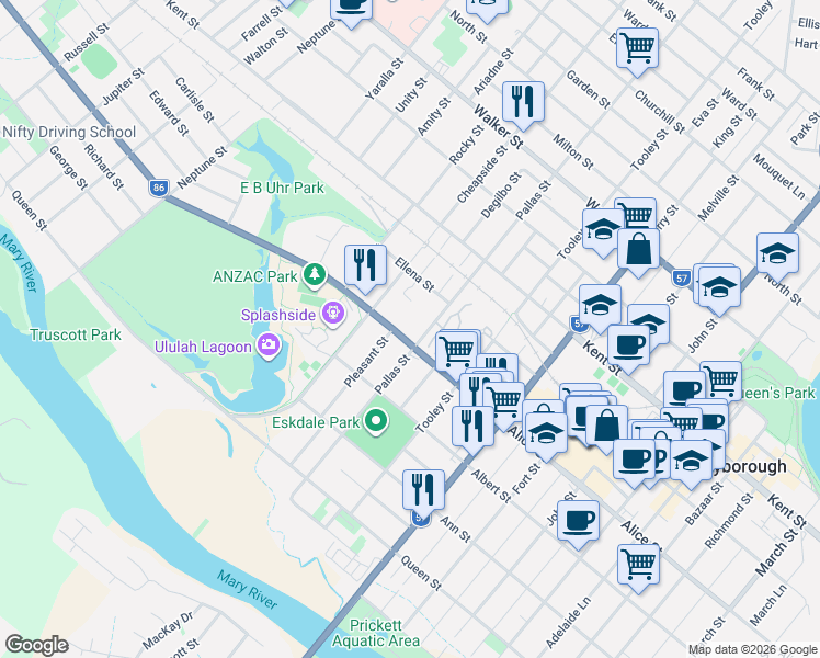 map of restaurants, bars, coffee shops, grocery stores, and more near 258 Ellena Street in Maryborough