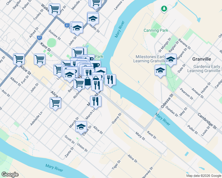 map of restaurants, bars, coffee shops, grocery stores, and more near 71 Wharf Street in Maryborough