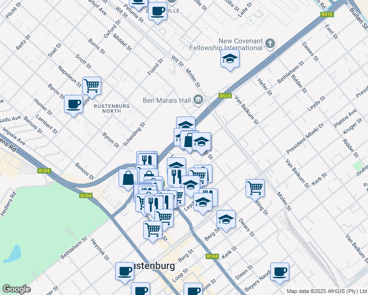 map of restaurants, bars, coffee shops, grocery stores, and more near 21A Piet Grobler Street in Rustenburg