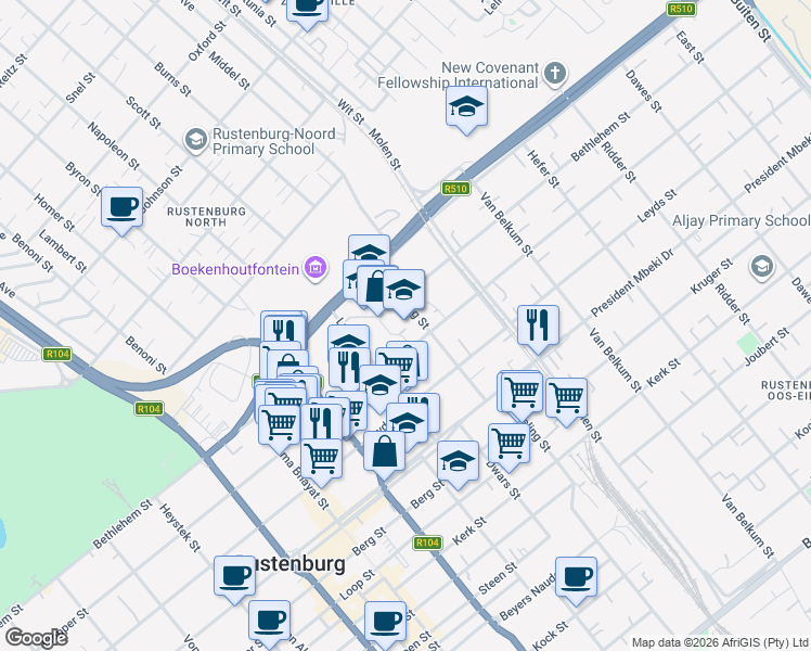 map of restaurants, bars, coffee shops, grocery stores, and more near 10 Zendeling Street in Rustenburg